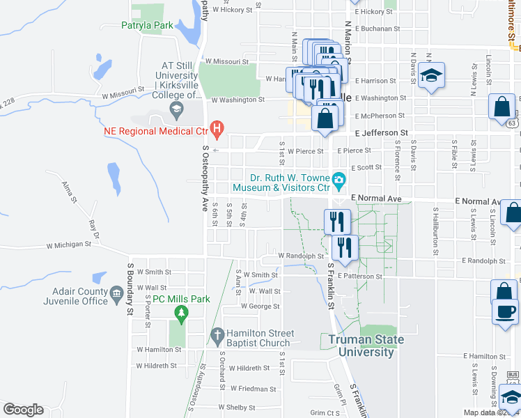 map of restaurants, bars, coffee shops, grocery stores, and more near 702 South Sheridan Street in Kirksville