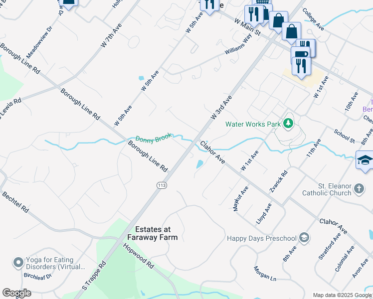 map of restaurants, bars, coffee shops, grocery stores, and more near 275 West 3rd Avenue in Trappe