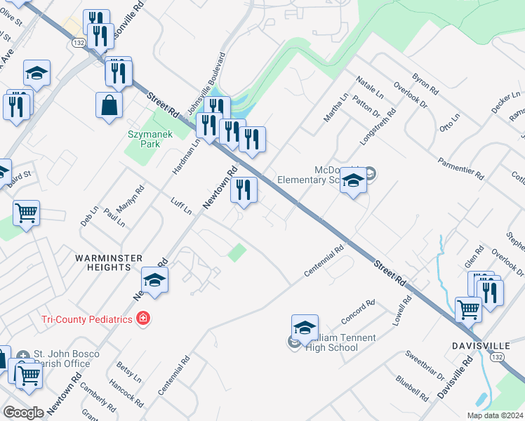 map of restaurants, bars, coffee shops, grocery stores, and more near 6311 Centennial Station in Warminster