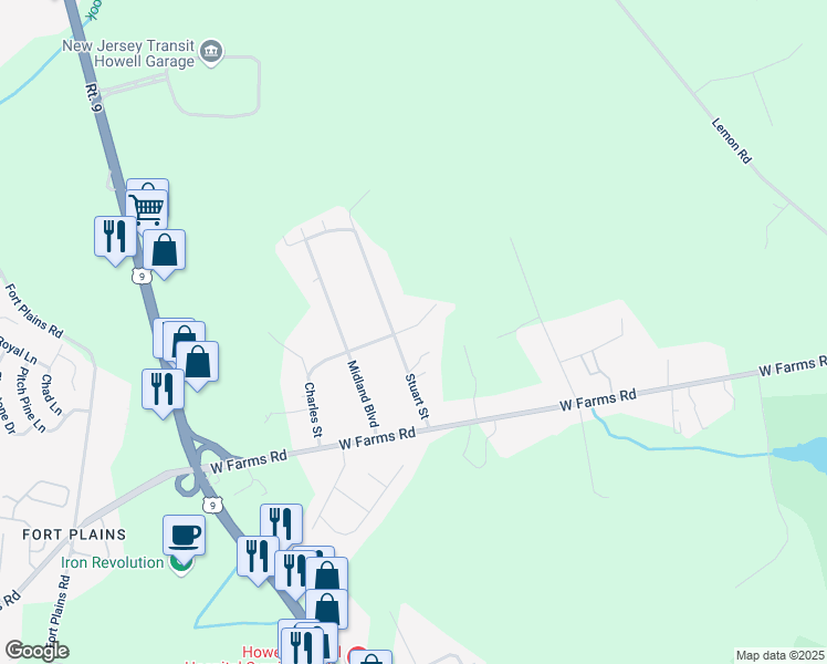 map of restaurants, bars, coffee shops, grocery stores, and more near 32 Charles Street in Howell Township