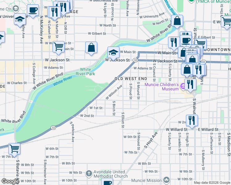 map of restaurants, bars, coffee shops, grocery stores, and more near 553 West Wilson Avenue in Muncie