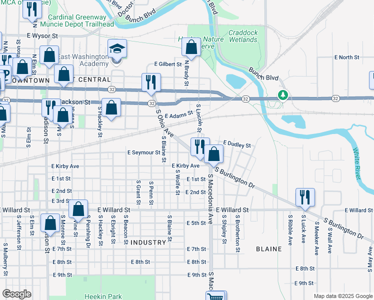 map of restaurants, bars, coffee shops, grocery stores, and more near 525 South Ohio Avenue in Muncie