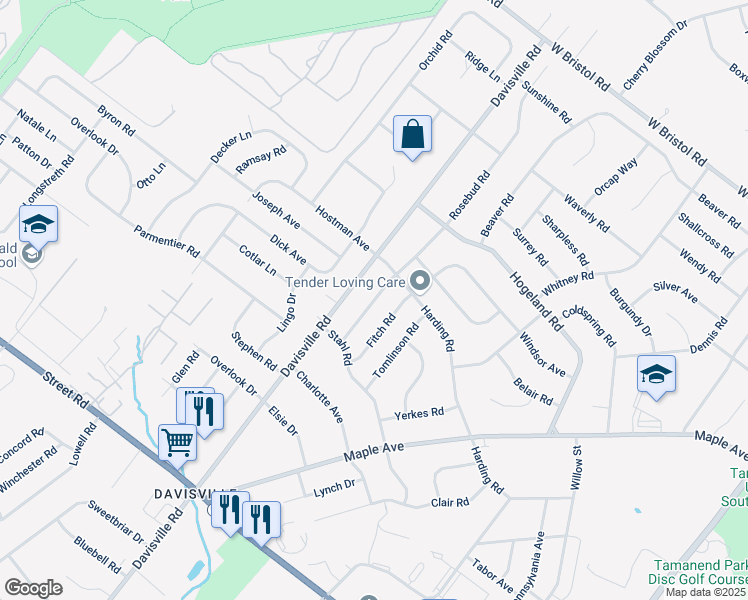 map of restaurants, bars, coffee shops, grocery stores, and more near 1113 Hilltop Road in Southampton