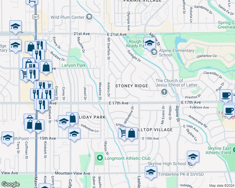 map of restaurants, bars, coffee shops, grocery stores, and more near 1728 Shavano Street in Longmont