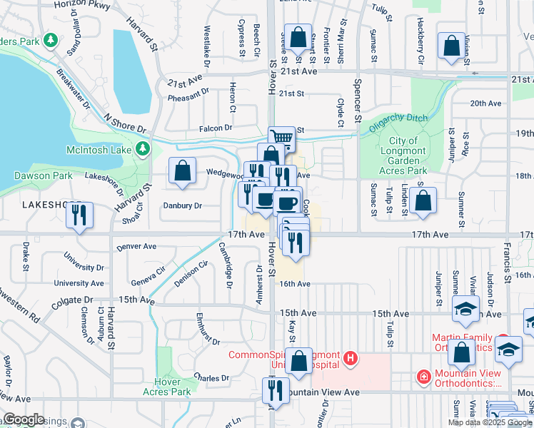 map of restaurants, bars, coffee shops, grocery stores, and more near 1751 Hover Street in Longmont
