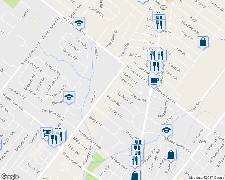 map of restaurants, bars, coffee shops, grocery stores, and more near 52 Barbara Road in Hatboro