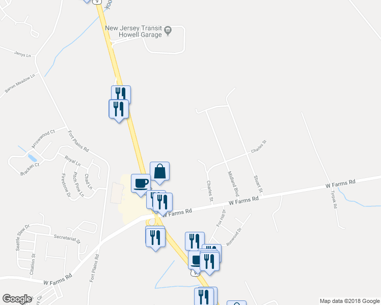 map of restaurants, bars, coffee shops, grocery stores, and more near 24 Anderson Drive in Howell