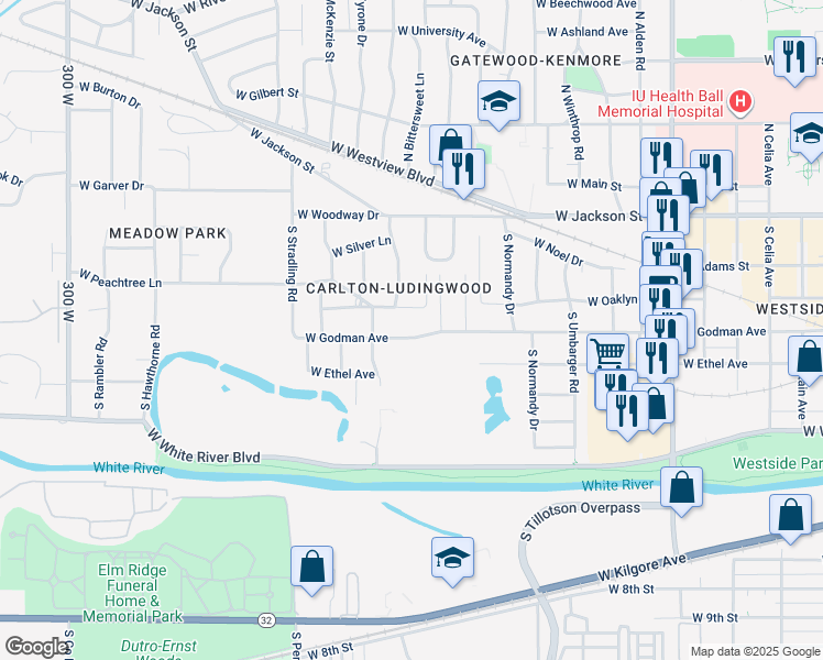 map of restaurants, bars, coffee shops, grocery stores, and more near 3700 West Godman Avenue in Muncie
