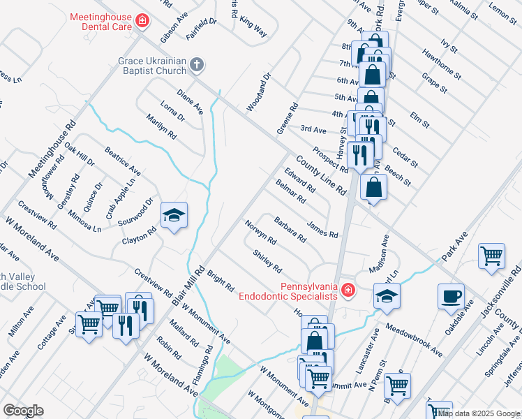 map of restaurants, bars, coffee shops, grocery stores, and more near 52 Barbara Road in Hatboro