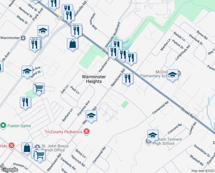 map of restaurants, bars, coffee shops, grocery stores, and more near 520 Newtown Road in Warminster