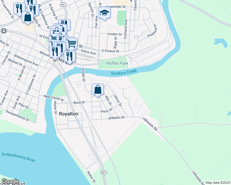 map of restaurants, bars, coffee shops, grocery stores, and more near 801 Ulrich Street in Middletown