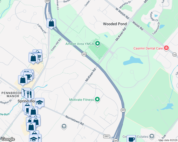 map of restaurants, bars, coffee shops, grocery stores, and more near 1217 McKean Road in Spring House