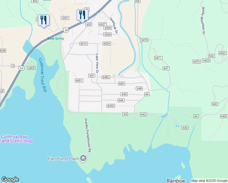 map of restaurants, bars, coffee shops, grocery stores, and more near 281 County Road in Grand Lake