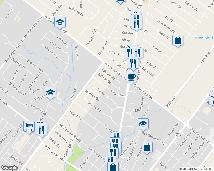 map of restaurants, bars, coffee shops, grocery stores, and more near 28 James Road in Hatboro