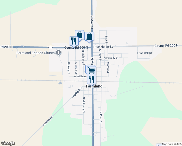 map of restaurants, bars, coffee shops, grocery stores, and more near 205 North Main Street in Farmland