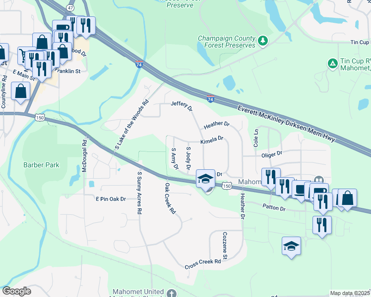 map of restaurants, bars, coffee shops, grocery stores, and more near 703 South Jody Drive in Mahomet