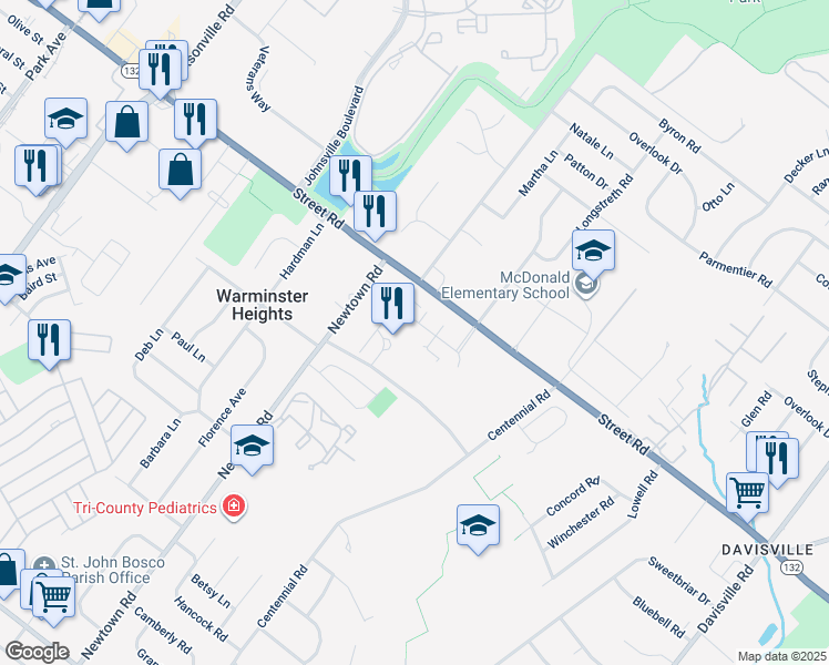 map of restaurants, bars, coffee shops, grocery stores, and more near 10403 Centennial Station Drive in Warminster