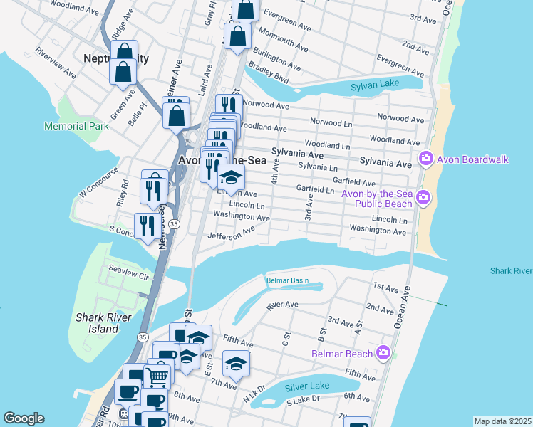 map of restaurants, bars, coffee shops, grocery stores, and more near 400 Washington Avenue in Avon-by-the-Sea