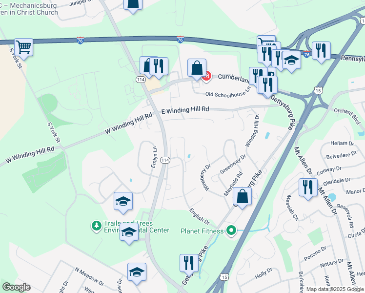 map of restaurants, bars, coffee shops, grocery stores, and more near 1300 English Drive in Mechanicsburg