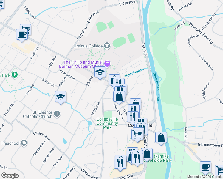 map of restaurants, bars, coffee shops, grocery stores, and more near 36 West 5th Avenue in Collegeville
