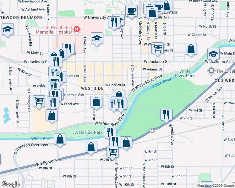 map of restaurants, bars, coffee shops, grocery stores, and more near in Muncie