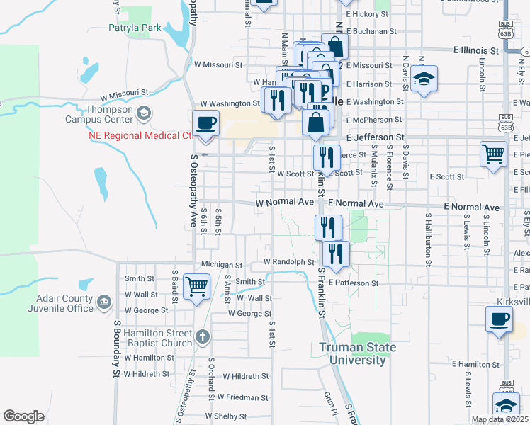 map of restaurants, bars, coffee shops, grocery stores, and more near 715 South 1st Street in Kirksville
