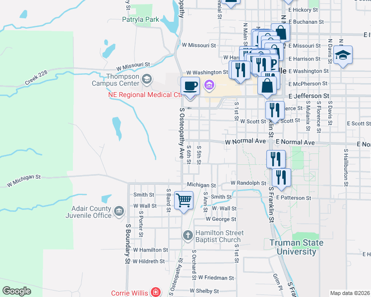 map of restaurants, bars, coffee shops, grocery stores, and more near 720 South 6th Street in Kirksville