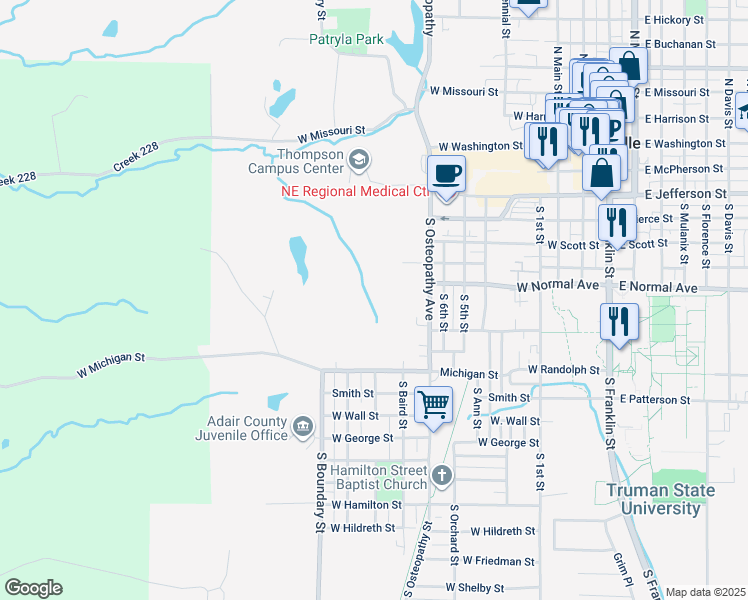 map of restaurants, bars, coffee shops, grocery stores, and more near 716 South Osteopathy Avenue in Kirksville