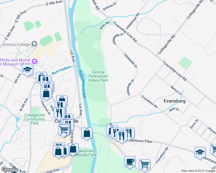 map of restaurants, bars, coffee shops, grocery stores, and more near 308 River Road in Collegeville