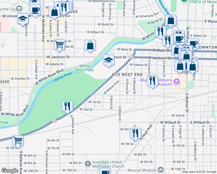 map of restaurants, bars, coffee shops, grocery stores, and more near 553 West Wilson Avenue in Muncie