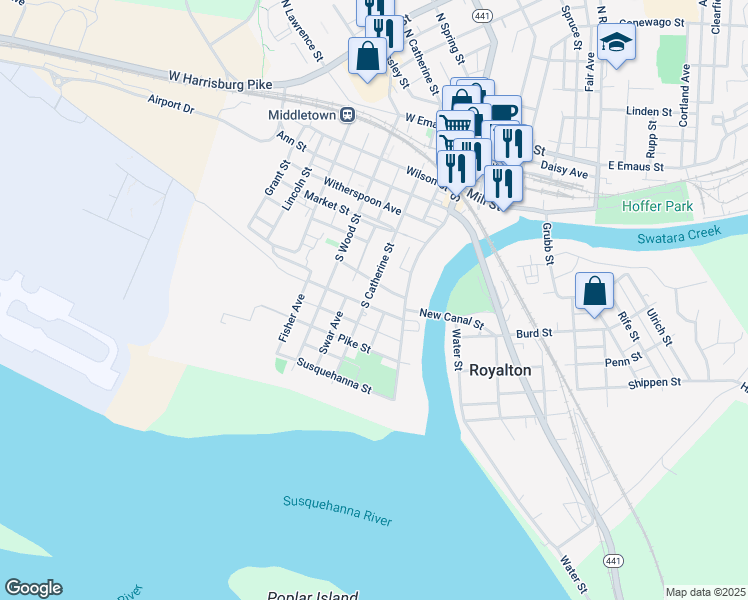 map of restaurants, bars, coffee shops, grocery stores, and more near 65 State St in Middletown