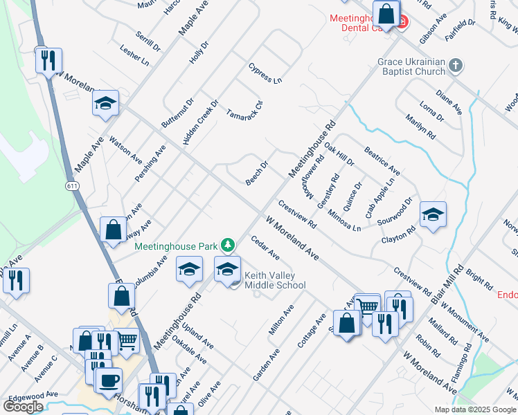 map of restaurants, bars, coffee shops, grocery stores, and more near 140 Meetinghouse Road in Hatboro