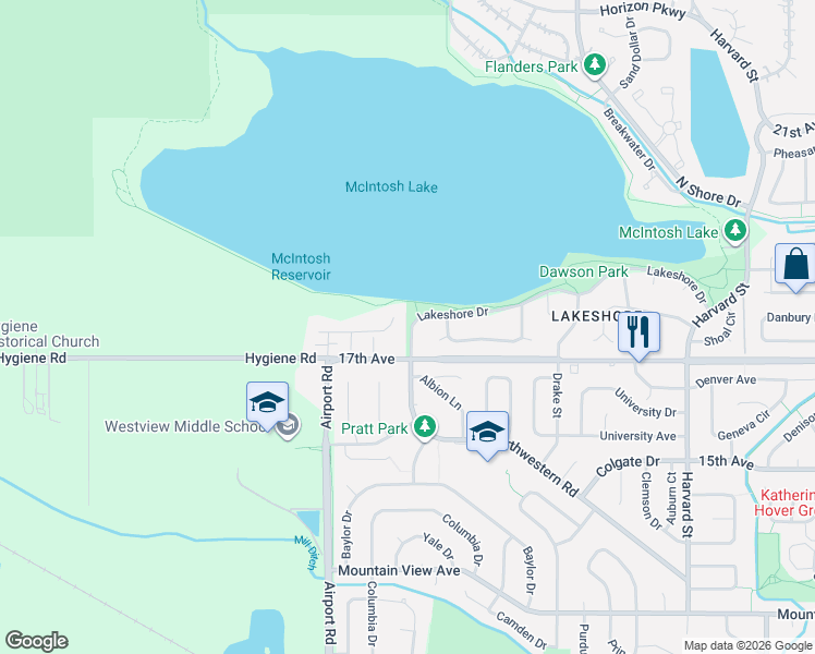 map of restaurants, bars, coffee shops, grocery stores, and more near 8597 Hygiene Road in Longmont