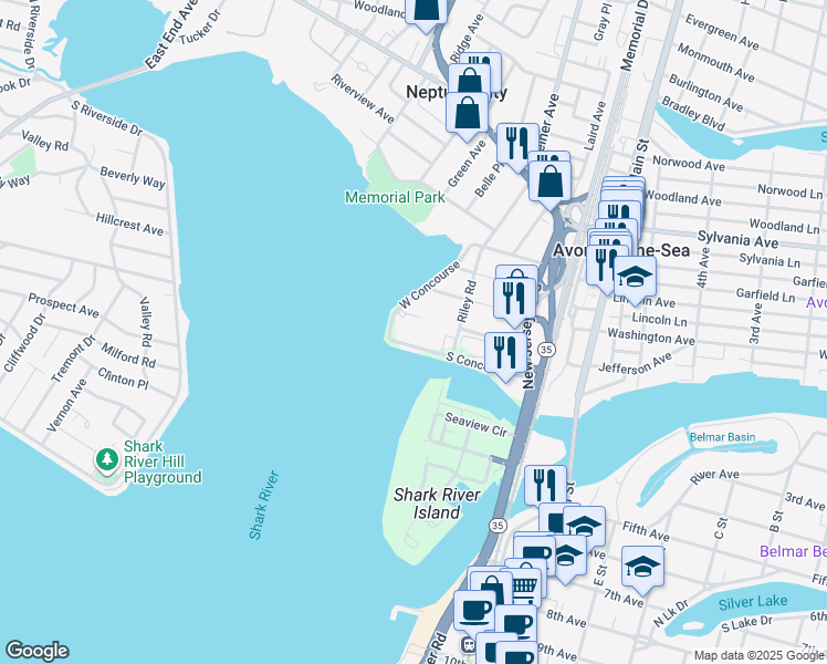 map of restaurants, bars, coffee shops, grocery stores, and more near 120 South Concourse in Neptune City
