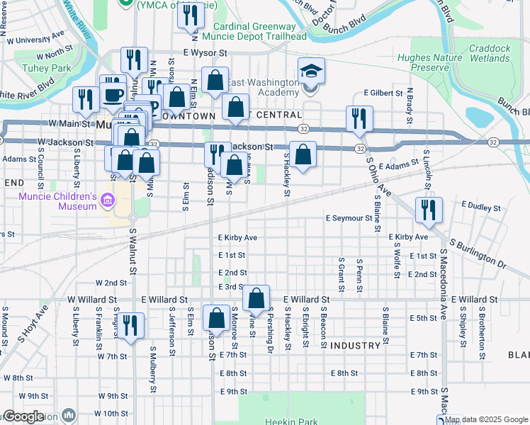 map of restaurants, bars, coffee shops, grocery stores, and more near 508 South Pershing Drive in Muncie