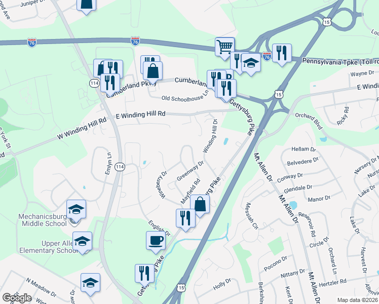map of restaurants, bars, coffee shops, grocery stores, and more near 25 Broadmoor Drive in Mechanicsburg