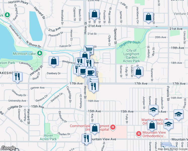 map of restaurants, bars, coffee shops, grocery stores, and more near 2310 17th Avenue in Longmont