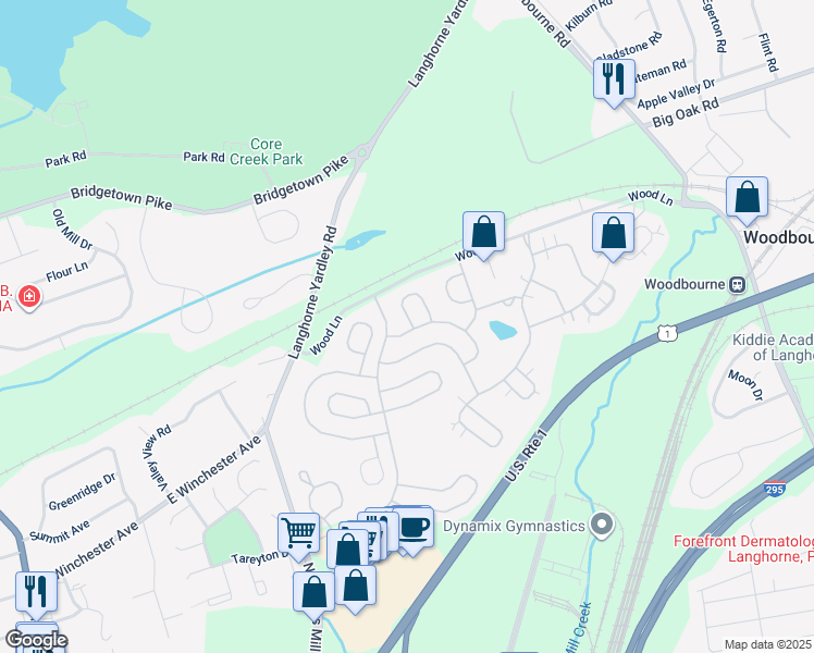 map of restaurants, bars, coffee shops, grocery stores, and more near 8 Blue Flax Lane in Langhorne