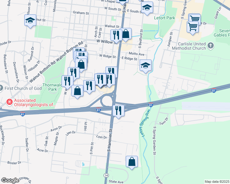 map of restaurants, bars, coffee shops, grocery stores, and more near South Hanover Street in Carlisle
