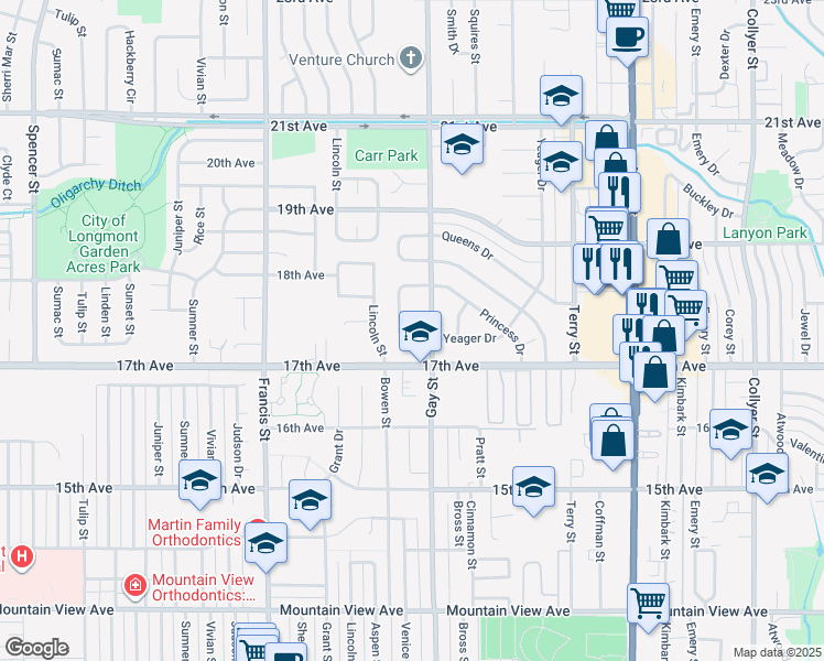 map of restaurants, bars, coffee shops, grocery stores, and more near 1314 Garden Circle in Longmont