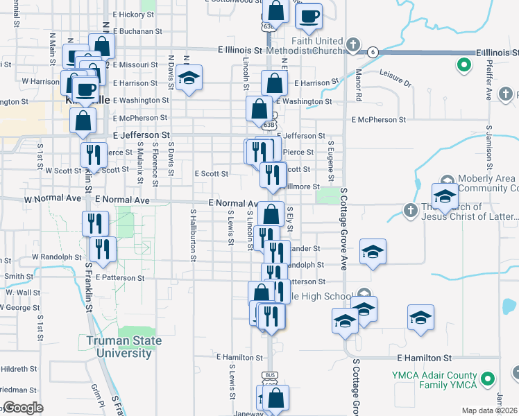 map of restaurants, bars, coffee shops, grocery stores, and more near 1008 East Normal Avenue in Kirksville