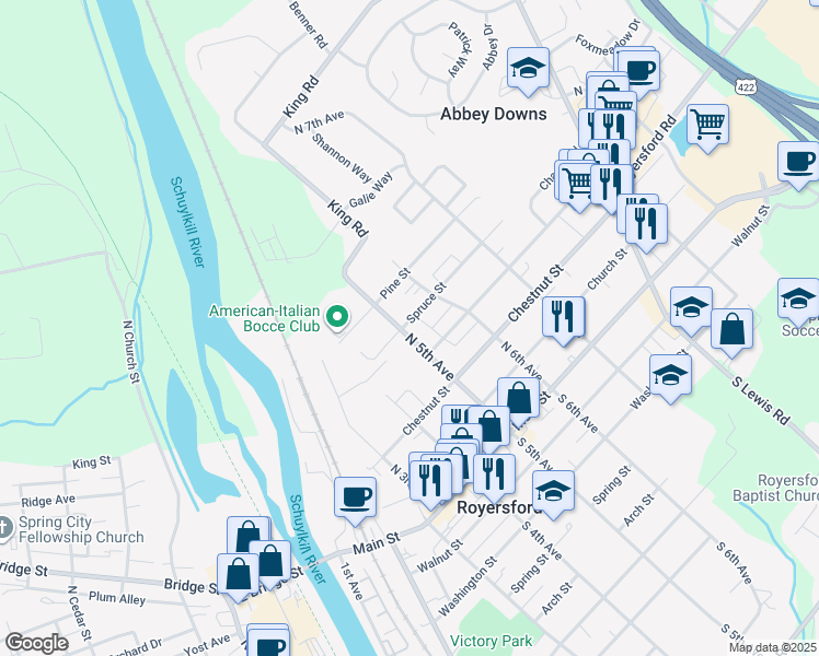map of restaurants, bars, coffee shops, grocery stores, and more near 326 North 5th Avenue in Royersford