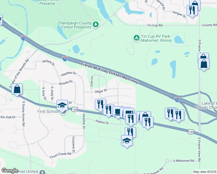 map of restaurants, bars, coffee shops, grocery stores, and more near 1608 Oliger Drive in Mahomet