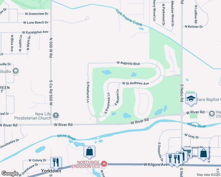 map of restaurants, bars, coffee shops, grocery stores, and more near 409 South Riviera Lane in Yorktown