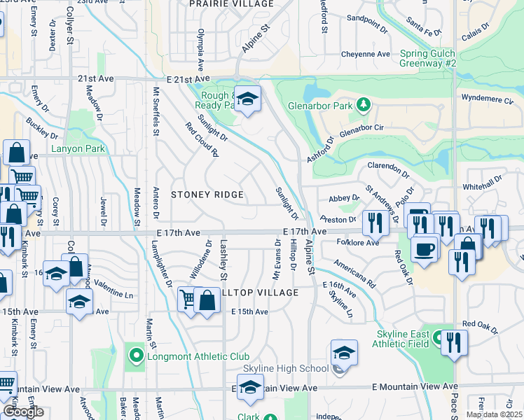 map of restaurants, bars, coffee shops, grocery stores, and more near 241 Sherwood Court in Longmont