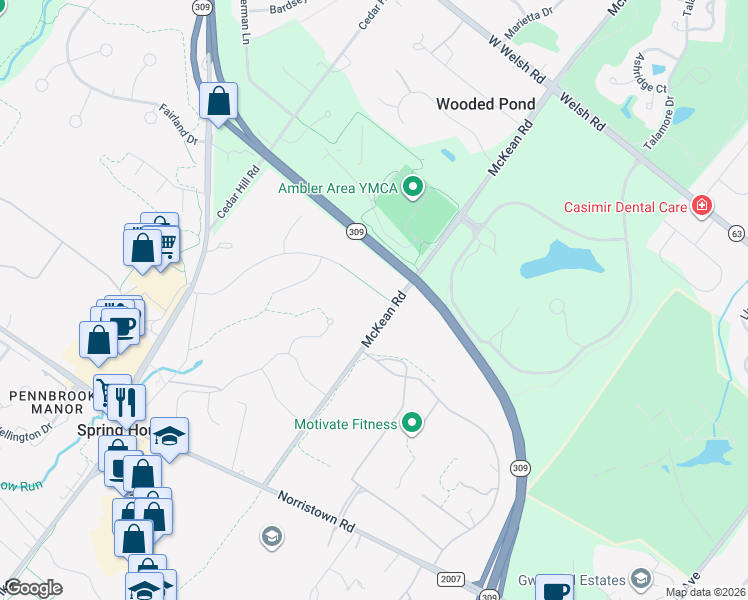 map of restaurants, bars, coffee shops, grocery stores, and more near 1217 McKean Road in Spring House