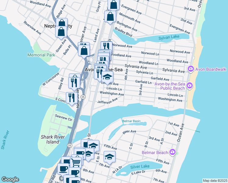 map of restaurants, bars, coffee shops, grocery stores, and more near 438 Washington Avenue in Avon-by-the-Sea