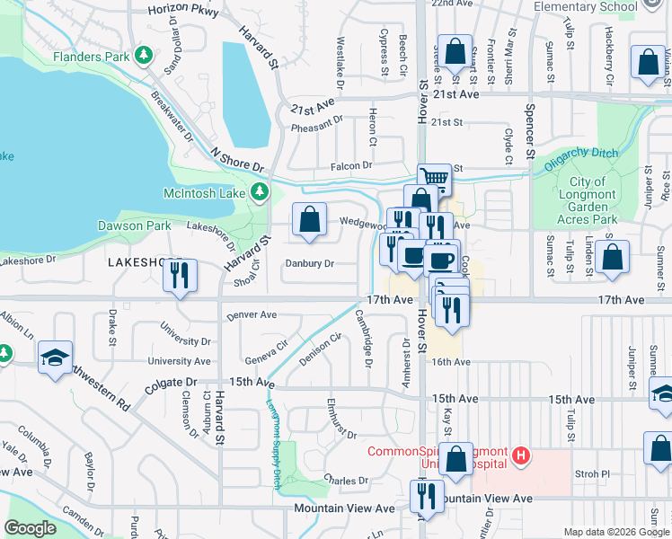 map of restaurants, bars, coffee shops, grocery stores, and more near 2518 Danbury Drive in Longmont