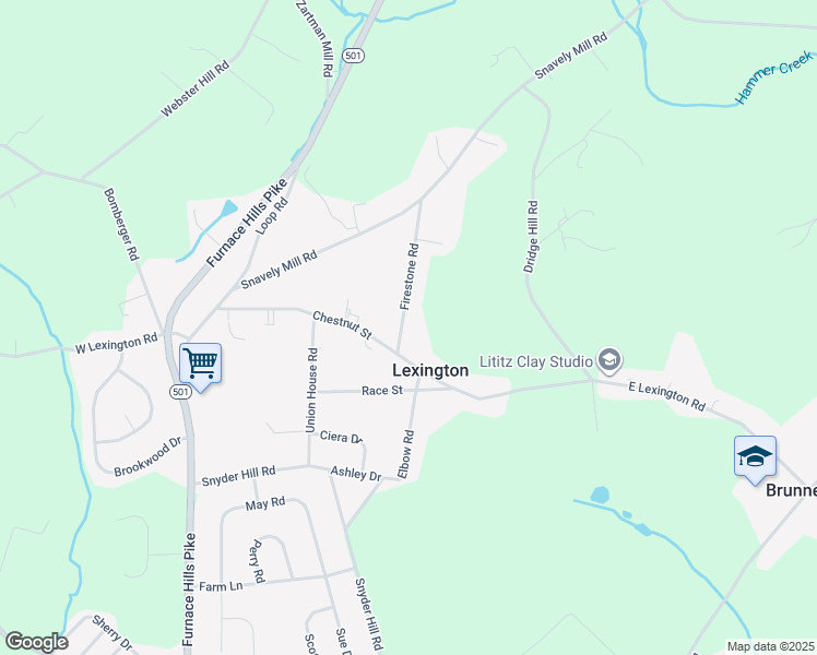 map of restaurants, bars, coffee shops, grocery stores, and more near 1309 Firestone Road in Lititz