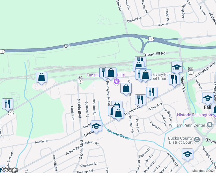map of restaurants, bars, coffee shops, grocery stores, and more near 3 Pennsylvania Avenue in Fairless Hills